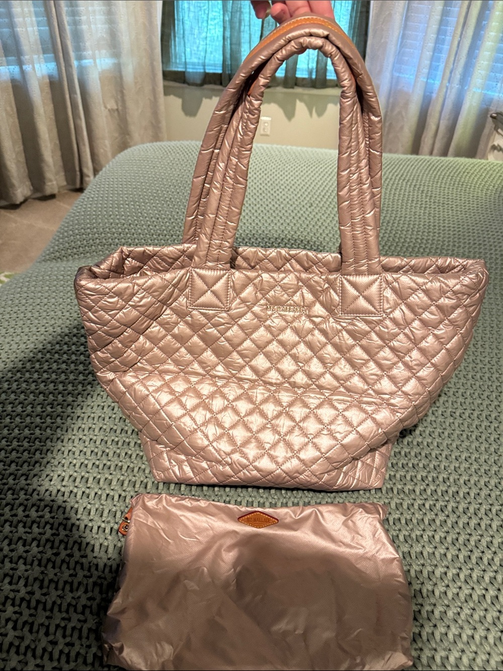 MZ Wallace Pink Blush Metallic Tote with detachable zipper pouch